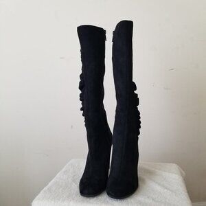 Below the Knee Black Suede Looking Ruffled Side Zippered Boots Size 10 4” Heel